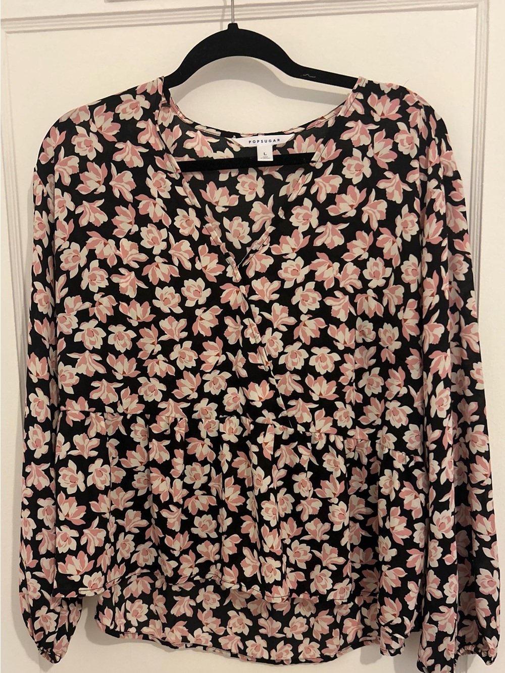 POPSUGAR Black Floral V-Neck Flowy Peplum Top with Pink & Cream Blooms